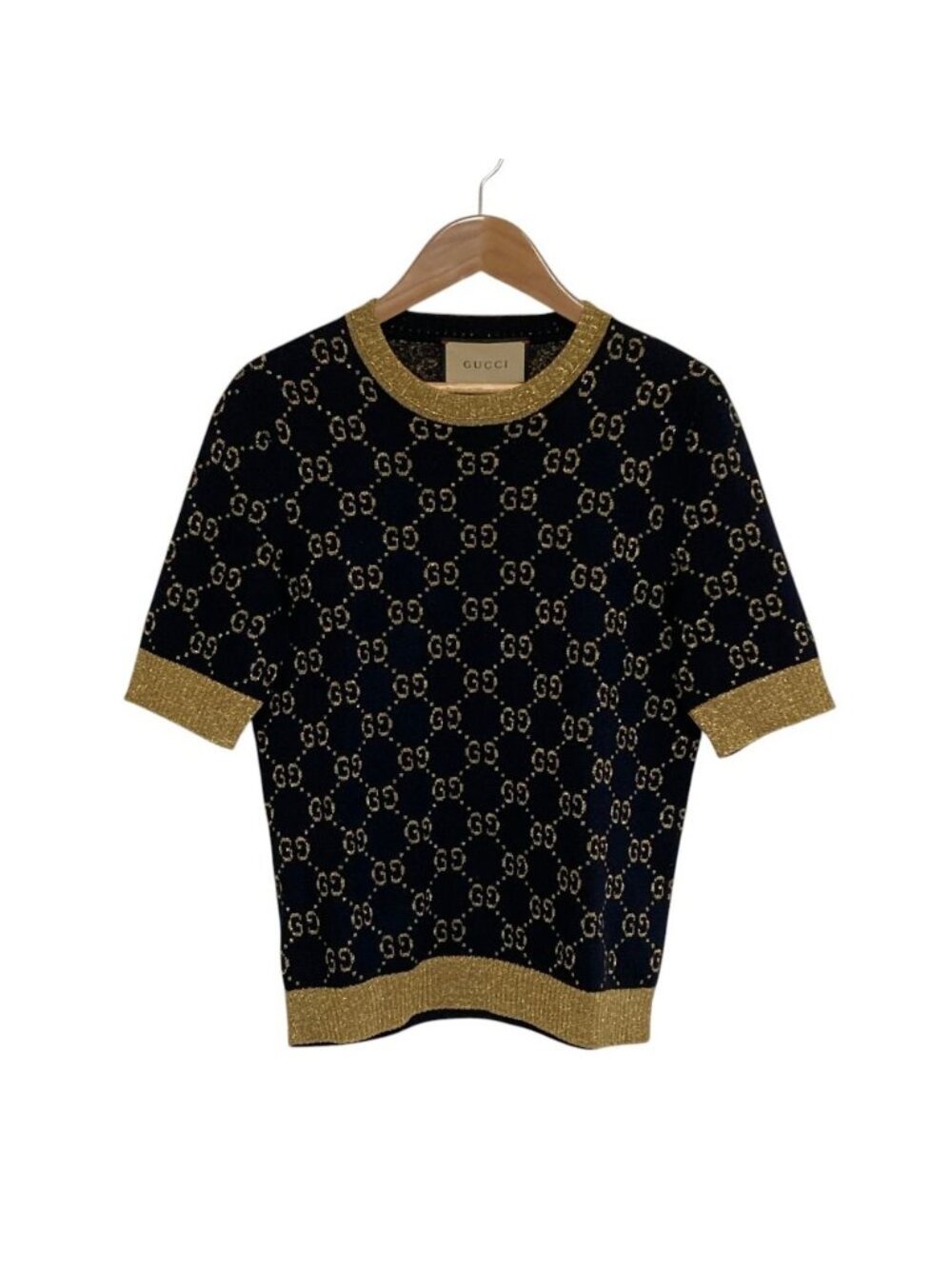 Gucci GG Cotton Glitter Fabric Short Sleeve Knit Sweater Black Gold S